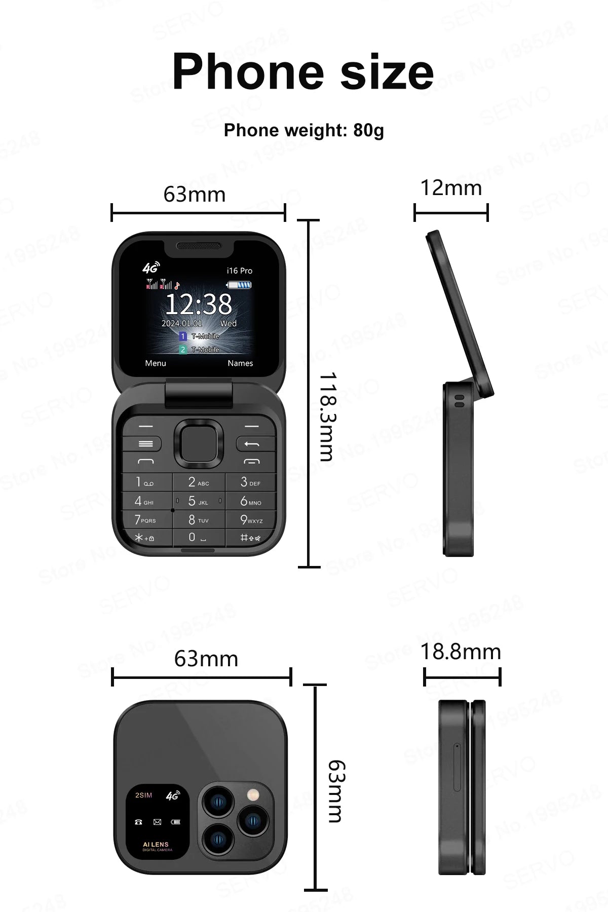 SERVO I16 PRO 4G LTE Mini Flip Mobile Phone Dual SIM Standby Call Recording Speed Dial FM Radio 1.77' Screen Foldable Cellphones