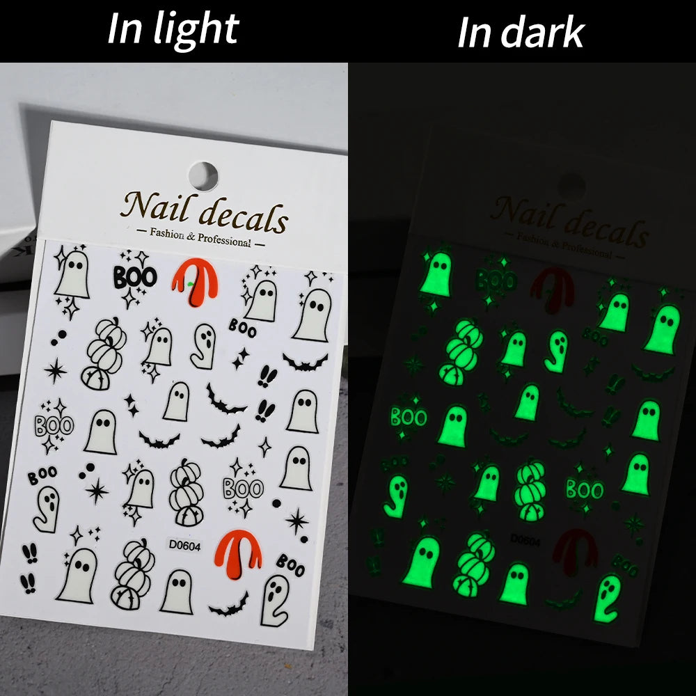 1sheet 5D Halloween Nail Stickers Pink/Green/Black Cartoon Pattern Nail Art Slider DIY For Sweet Cool Girl Cute Nail Decoration