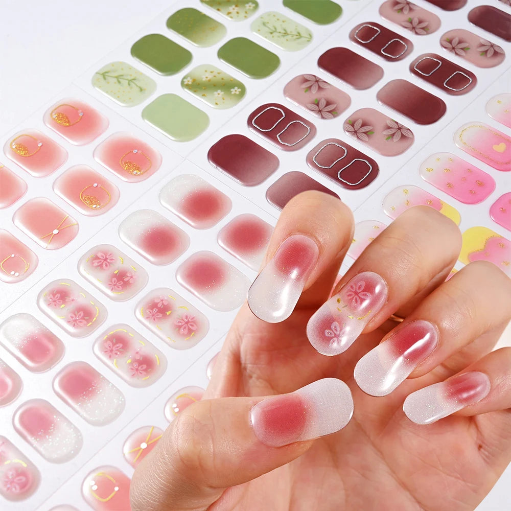 1Sheet Cured Gel Nail Strips Sticker Long-Lasting Nail Polish Strips Wraps Full Cover Gel Nail Art Stickers UV/LED Lamp Required