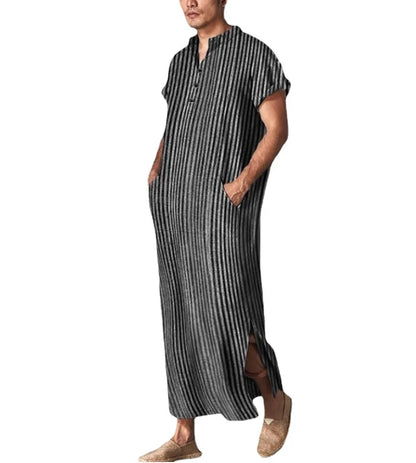 Fashion Men's Islamic Arabic Kaftan Striped Short Sleeve V Neck Casual Pockets Muslim Robes Saudi Arabia Dubai Jubba Thobe robes