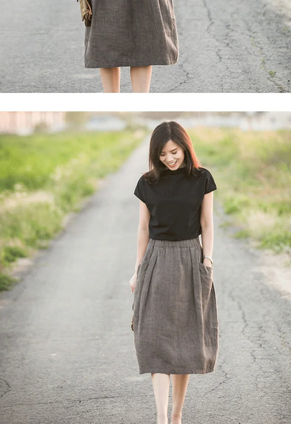 New Cotton and Hemp Half Length Skirt for Women in Summer, A-line Medium Length Skirt, High Waist, Loose Elastic Waist Skirt