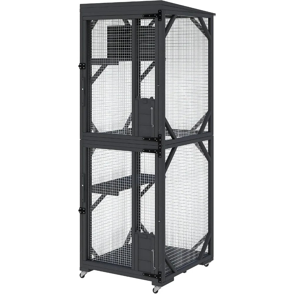 Garvee Black Walk-In Large Wooden Outdoor Catio Enclosure with 4 Lockable Rolling Wheels, Weatherproof Patio Cat House with Independent Rest Box, Spacious Garden Yard Cat Kennel for Multiple Cats