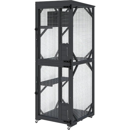 Garvee Black Walk-In Large Wooden Outdoor Catio Enclosure with 4 Lockable Rolling Wheels, Weatherproof Patio Cat House with Independent Rest Box, Spacious Garden Yard Cat Kennel for Multiple Cats