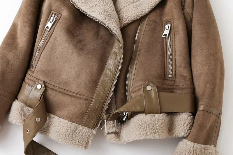 Winter Faux Shearling Sheepskin Fake Leather Jackets Lady Thick Warm Suede Lambs Motorcycle Brown Coats Mujer Chaqueta A407