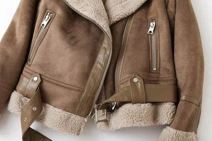 Winter Faux Shearling Sheepskin Fake Leather Jackets Lady Thick Warm Suede Lambs Motorcycle Brown Coats Mujer Chaqueta A407