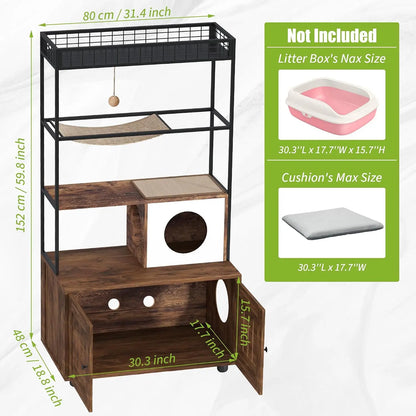 Garvee Cat Litter Box Cabinet with Cat Tree, Large Wooden Cat Furniture with Storage Compartment, Cave, Hammock & Play Ball, Corner Cat Bed for Safe & Cozy Resting