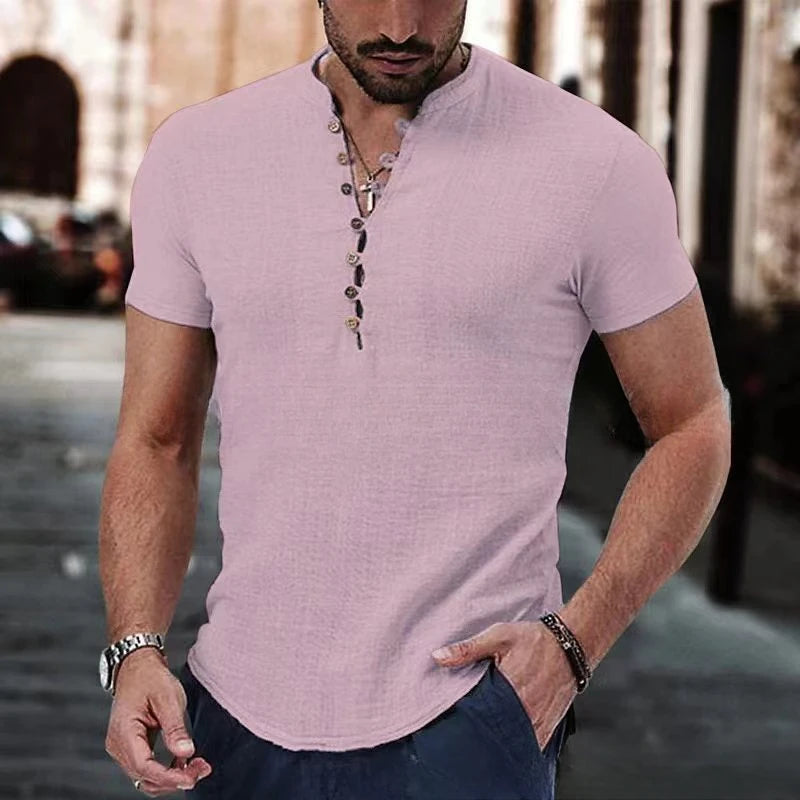 New Men's Short Sleeve Tshirt V neck button Cotton Linen Shirt Men's Casual Clothes Popular Tops for Men