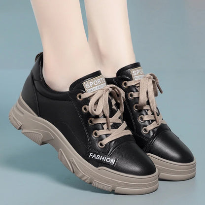 Spring Non-slip Soft Leather Sneaker Trekking Footwear New Women's Thick-soled Lace-up Leisure Skateboard Sports Shoes