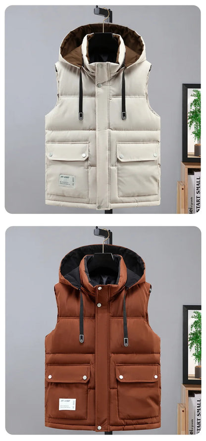 2024 Autumn Winter Men Thicken Cotton Waistcoat Sleeveless Vests Jackets Warm Detachable Hat Outerwear Male Zipper Hooded Coats