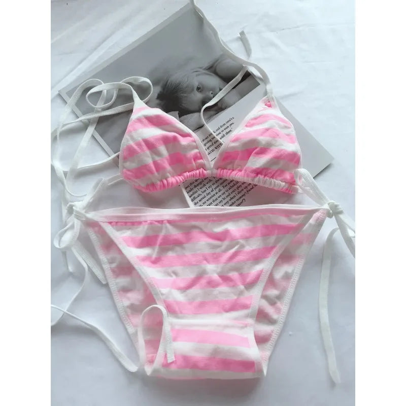 Lace-up Strap Blue and White Striped Set, Blue and White Fat Inner Two-piece Set Womens Lingerie Set  Bra Set  Sexy