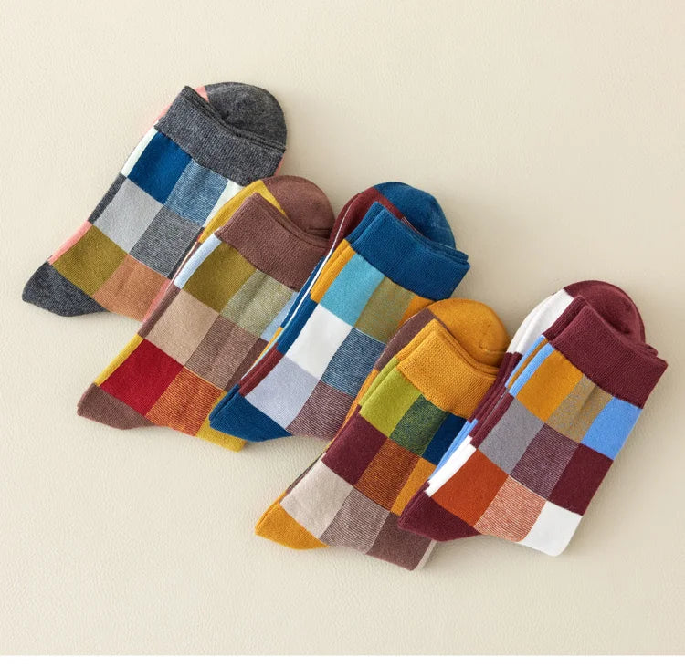 5 Pairs Combed Cotton Men's Socks Outdoor Party Compression Socks Fashion Colorful Square And Stripe Happy Dress Socks Men