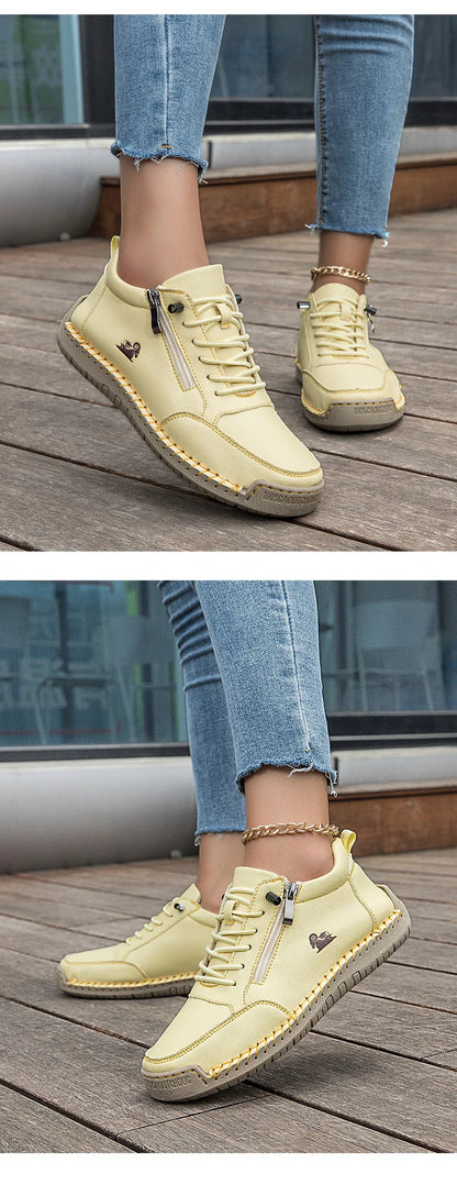 Women Sports Shoes 2026 New Outdoor Hiking Flat Bottomed Comfortable Casual Driving Shoes Soft Sole Zipper Fashion Leather Shoes