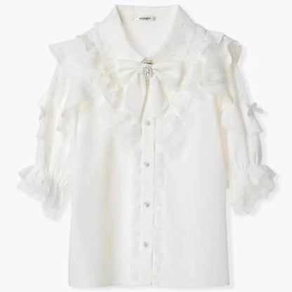 Women Japanese Sweet Lolita Blouses Summer Elegant Bow Off Shoulder JK Shirt Female Gothic Hot Girls Casual Lace Ruffles Tops
