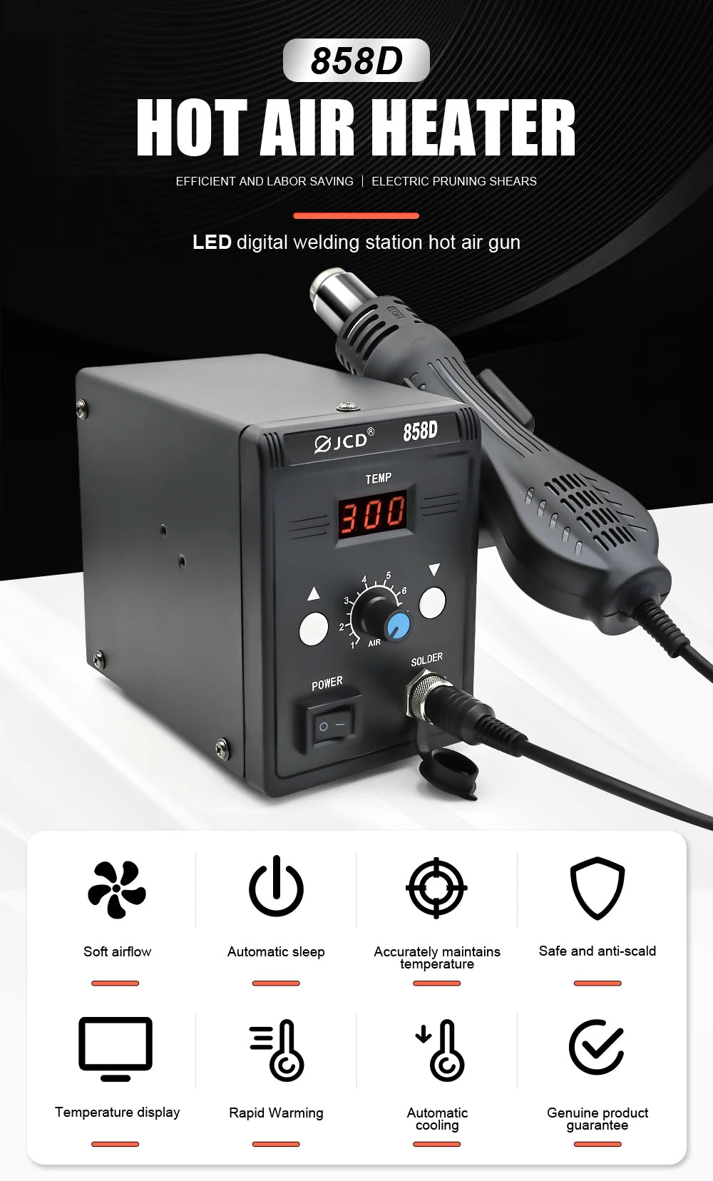 JCD Hot Air Gun 858D 700W BGA Rework Solder Station Soldering Heat Air Gun Station 220V / 110V For SMD SMT Welding Repair Tools