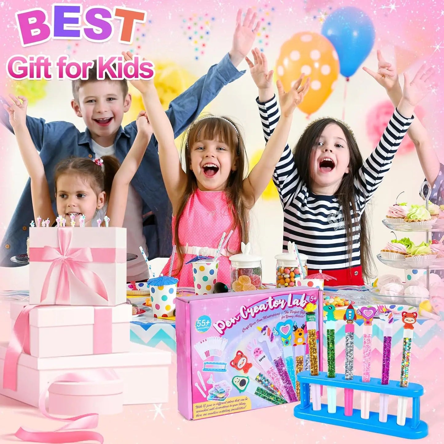 DIY Glitter Pen Making Kit Kids Craft Supplies 80+ Pieces Handmade Art Set Make 16 Pens Cartoon Decor Birthday Gift for Girls Bo