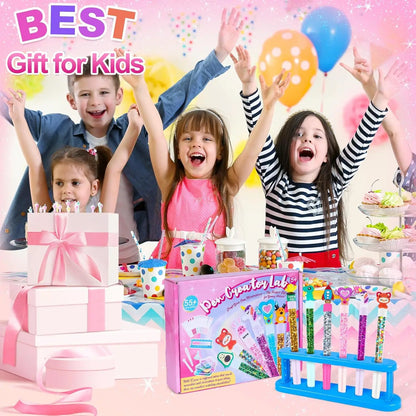 DIY Glitter Pen Making Kit Kids Craft Supplies 80+ Pieces Handmade Art Set Make 16 Pens Cartoon Decor Birthday Gift for Girls Bo