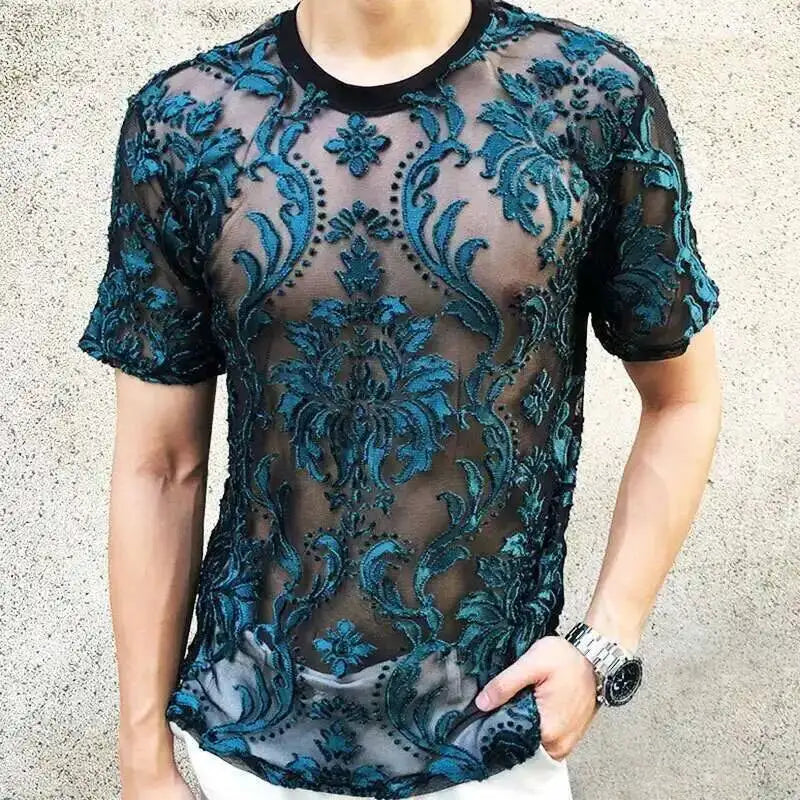 Sexy Round Neck T Shirt Soft Velvet Slim Men Clothing Nightclub Short-sleeved Top Quality Transparent Floral T Shirt See Through