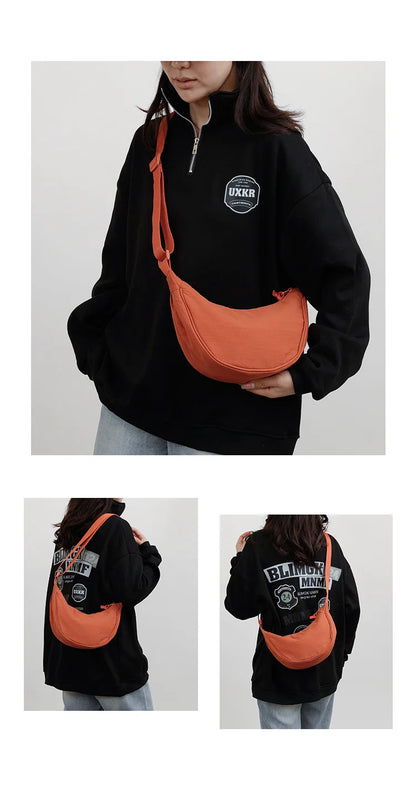 Nylon fabric zipper crossbody bag for men and women, crescent-shaped dumpling bag under the armpits, large capacity