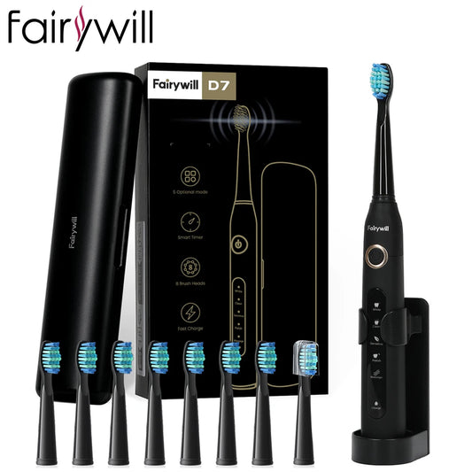 Fairywill FW507 elektrinis sonic dantų šepetėlis, USB įkroviklis, 8 keičiamos galvutės, atsparus vandeniui, elektroninis dantų šepetėlis su kelioniniu dėklu