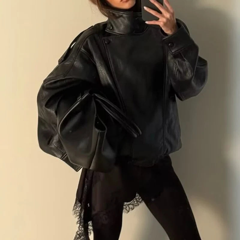 Women's Faux Leather Jacket 2025 New Fashion Autumn Black Long Sleeve Pebble Jacket Motorcycle Style Personality Ladies Jacket