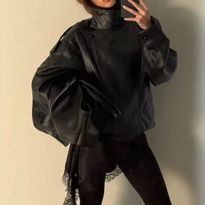Women's Faux Leather Jacket 2025 New Fashion Autumn Black Long Sleeve Pebble Jacket Motorcycle Style Personality Ladies Jacket