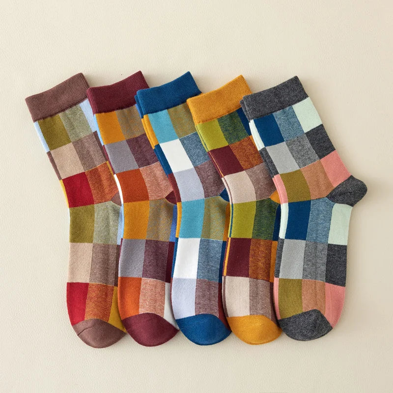 5 Pairs Combed Cotton Men's Socks Outdoor Party Compression Socks Fashion Colorful Square And Stripe Happy Dress Socks Men