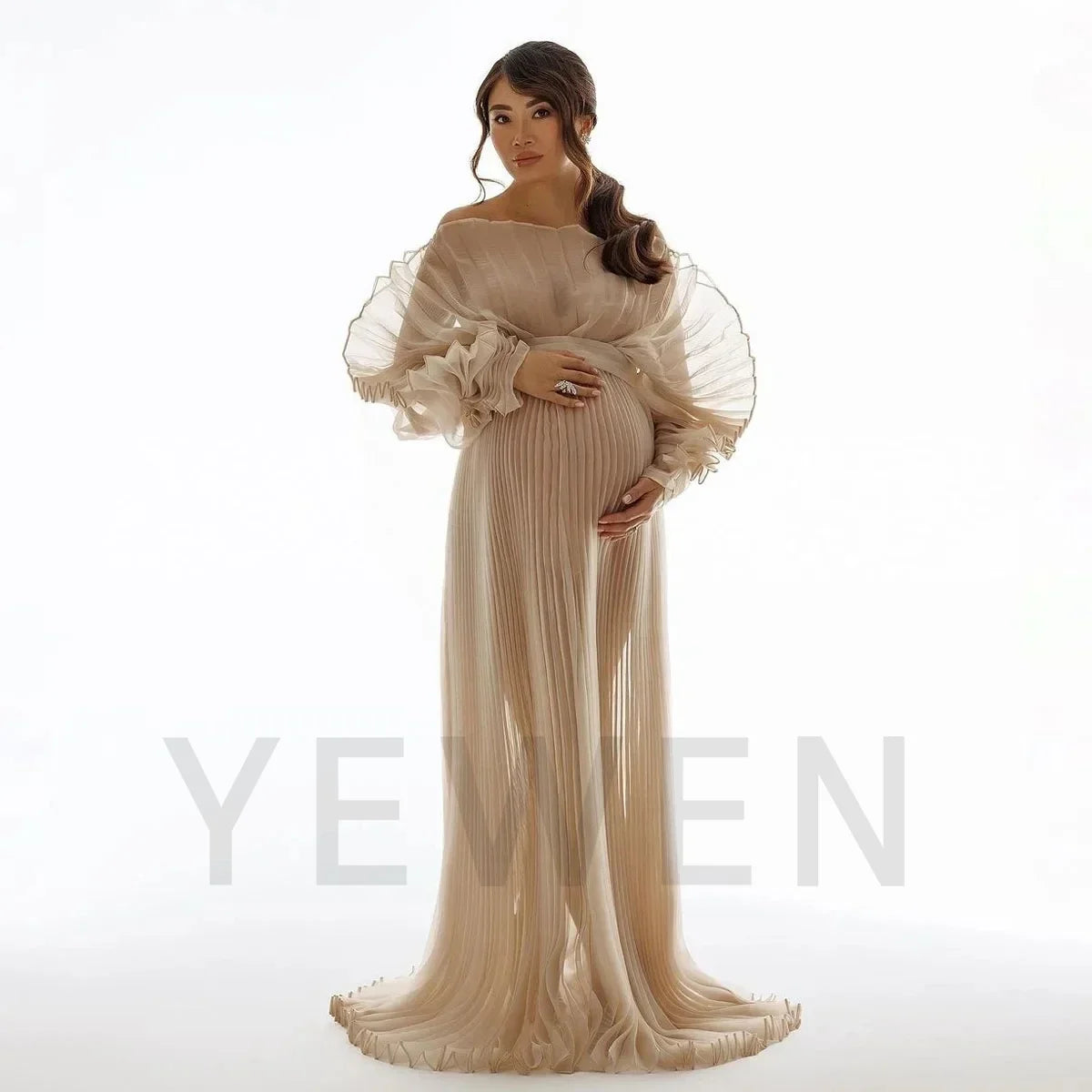 Fashion Organza Pleated Maternity Dress for PhotoShoot Pregnancy White Dress Plus Size Photography and Maternity Dresses YEWEN