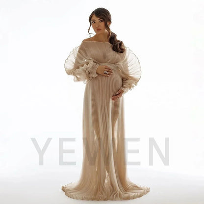 Fashion Organza Pleated Maternity Dress for PhotoShoot Pregnancy White Dress Plus Size Photography and Maternity Dresses YEWEN