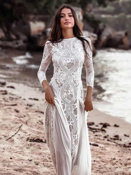Foreign Style Evening Dress Woman's Sexy Lace Patchwork Backless Wedding Dresses Ladies Elegant Long Sleeves Party Prom Vestidos