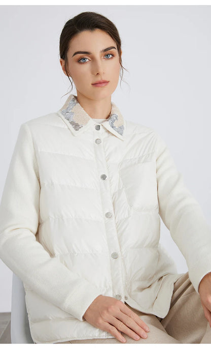 BC911 Polo Collar Spliced 100% Cashmere Long Sleeve Single Breasted White Goose Down Jacket for Women