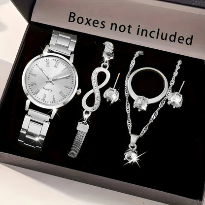 6PCS Women Watch Jewelry Set - Fashion Quartz Watch + Crystal Infinity Bracelet Necklace Earring Ring for Ladies（Without Box）