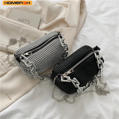 HOMEFISH Sparkling Rhinestone Bucket Bag, Chain Decor Party Clutch Purse, Female Mini Crossbody Bag