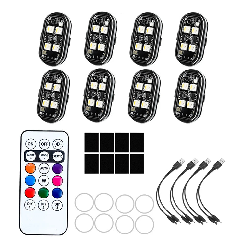 1-8pcs Wireless LED Strobe Lights Car Decor Atmosphere Light 8 Colors Rechargeable Led Lights Anti-Collision LED Warning Light