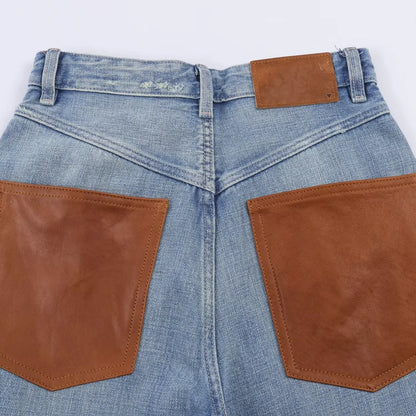 Female Vintage Leather Pocket Jeans Women Blue Zipper Straight Loose Trousers Lady New Fashion Daily Casual Spring Pants 2026
