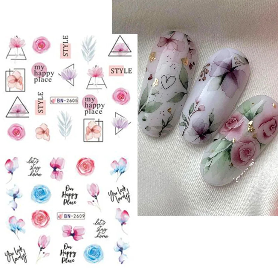 12 PCs Ink Flowers Nail Art Sticker Summer Water Decal Blooming Flowers Leaves Graffiti Slider Nail Decoration Foils Tattoo