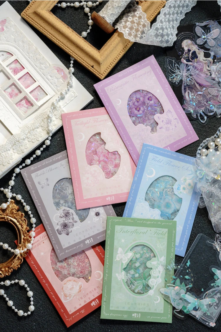 30pcs PET Transparent Stickers Plant Flowers Decorative Labels Scrapbooking Collage Material Diary Stationery Supplies
