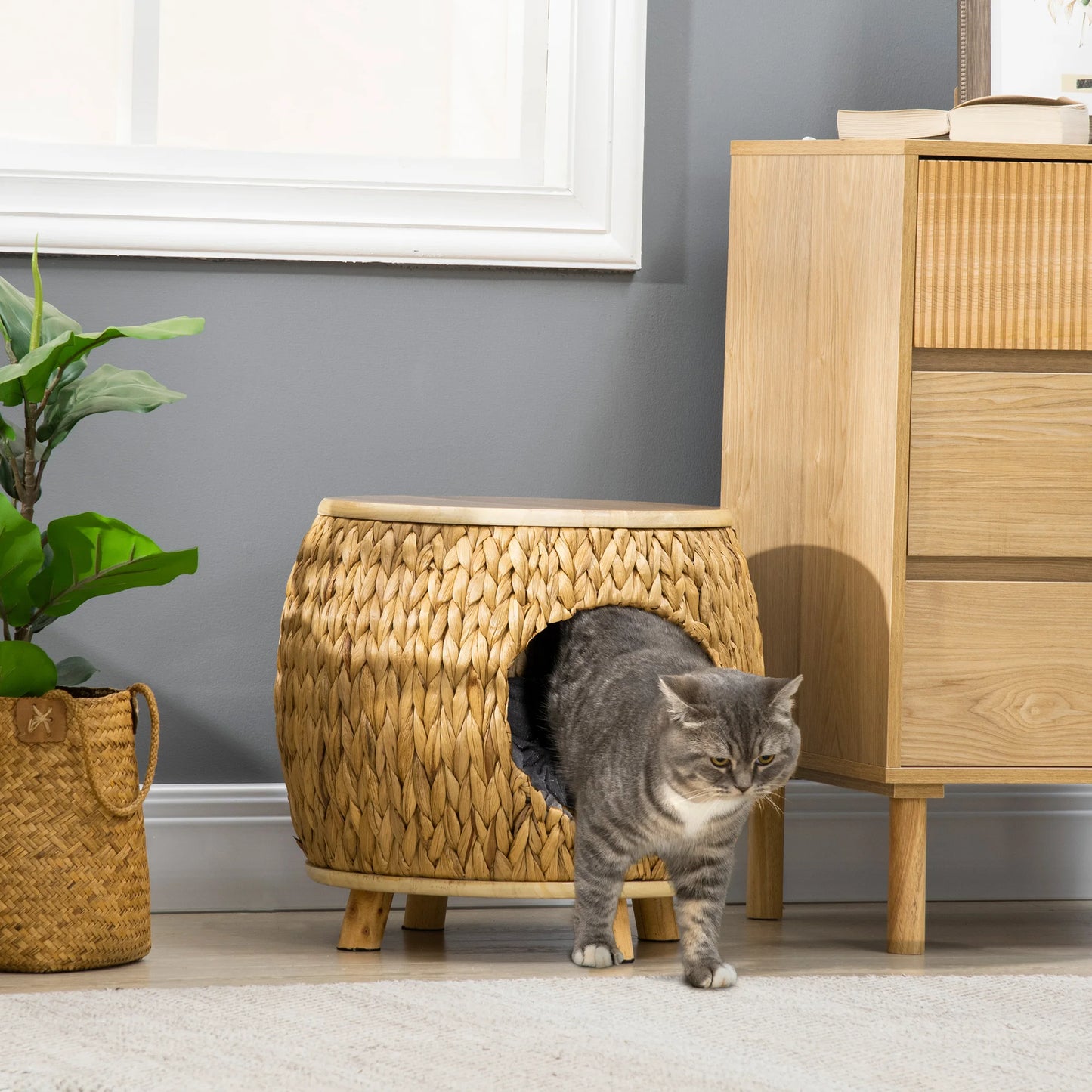 Cat cave with a soft washable cushion, featuring a natural light brown and grey design, it provides cats with a cozy hideaway while doubling as a sturdy stool and elegant home decor piece