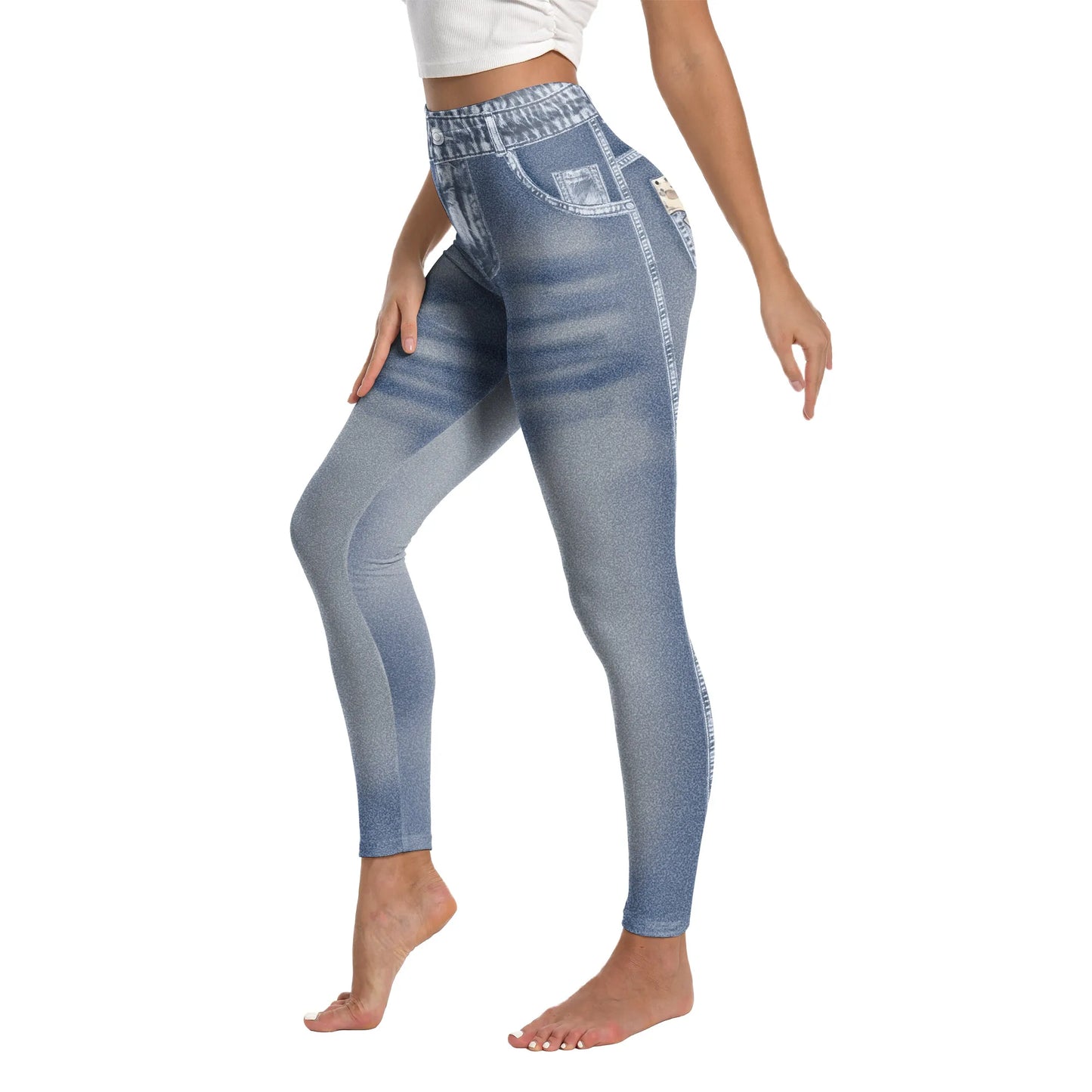 Nadanbao 3D Jeans Print Leggings Women Blue Grey Denim Pattern Pants Soft Slim Tights Sports Fitness Trousers Casual Streetwear