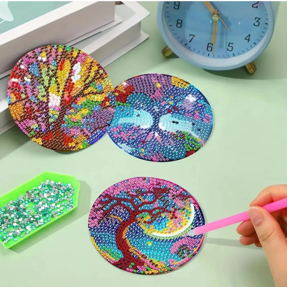 8pcs/Set DIY Diamond Painting Coasters with Holder Anti Slip Wood Drip Mats Crystal Rhinestones Diamond Art Coasters for Adults