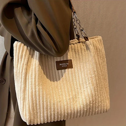 Stylish Corduroy Tote Bag for Women, Large Capacity Plush Shoulder Bag, Versatile Commuter & Travel Bag.