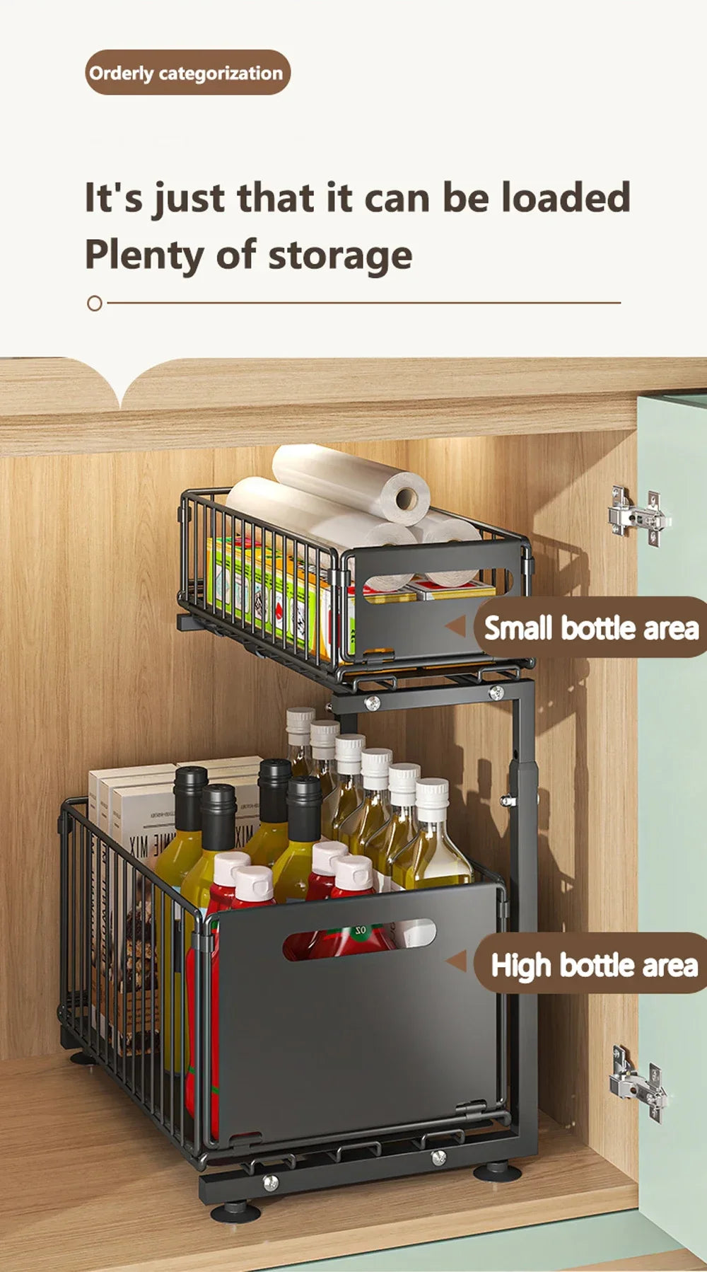 2 Tier Pull Out Cabinet Organizer Adjustable Under Sink Storage Rack Slide Out Drawer Kitchen Spice Jar Storage Shelf