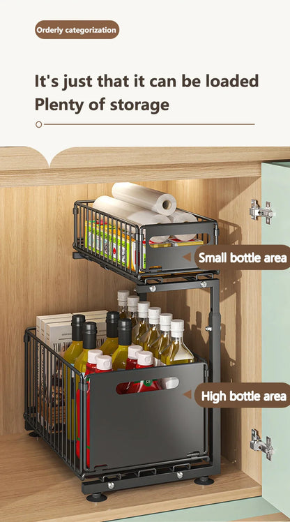 2 Tier Pull Out Cabinet Organizer Adjustable Under Sink Storage Rack Slide Out Drawer Kitchen Spice Jar Storage Shelf