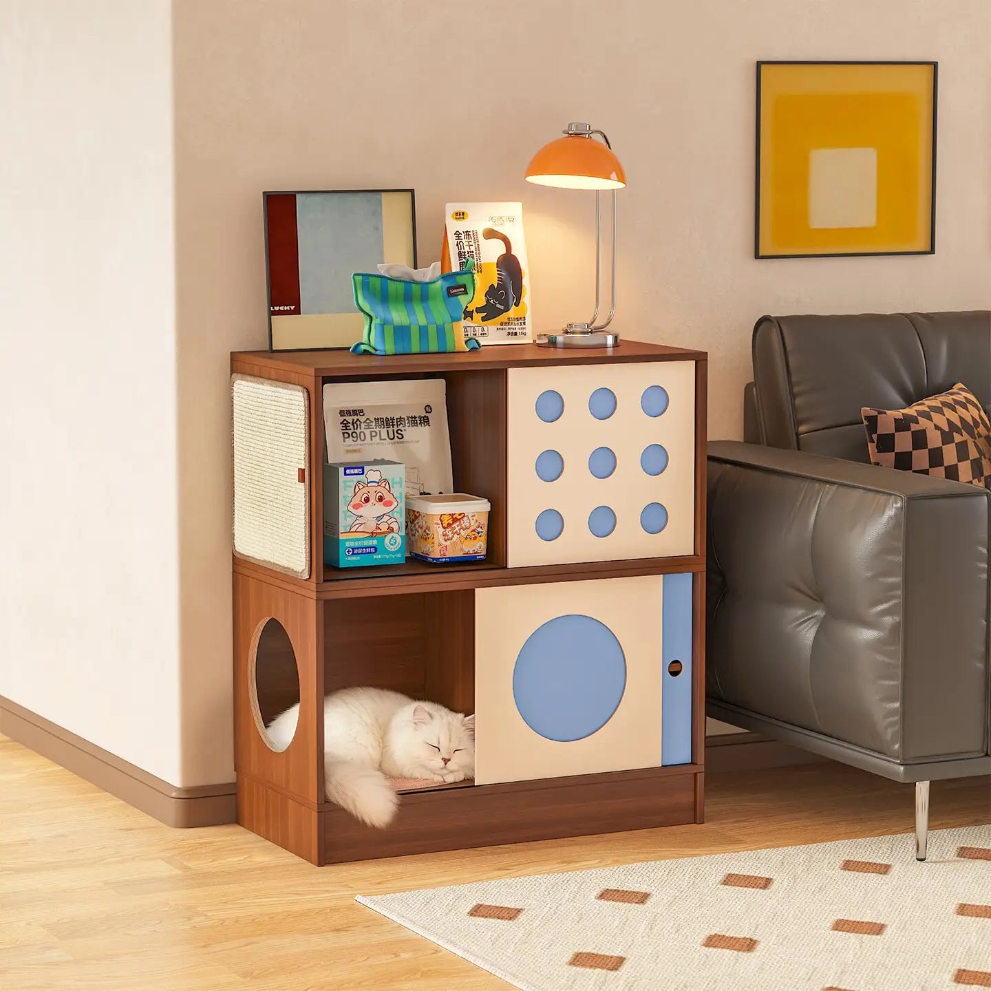Triple-Function Cat House with Litter Box & Storage,Human-Pet Shared Furniture,Cat Tree Hut, Indoor Cat Den,Multi-Level Cat Fort