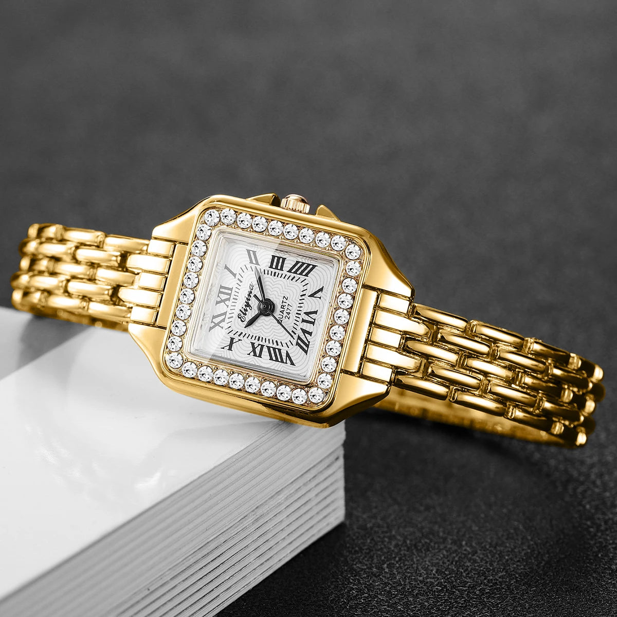Elegant Rhinestone Square Women Watches Fashion Roma Dial Quartz Wristwatch Reloj Mujer Ladies Clock (Without Box)