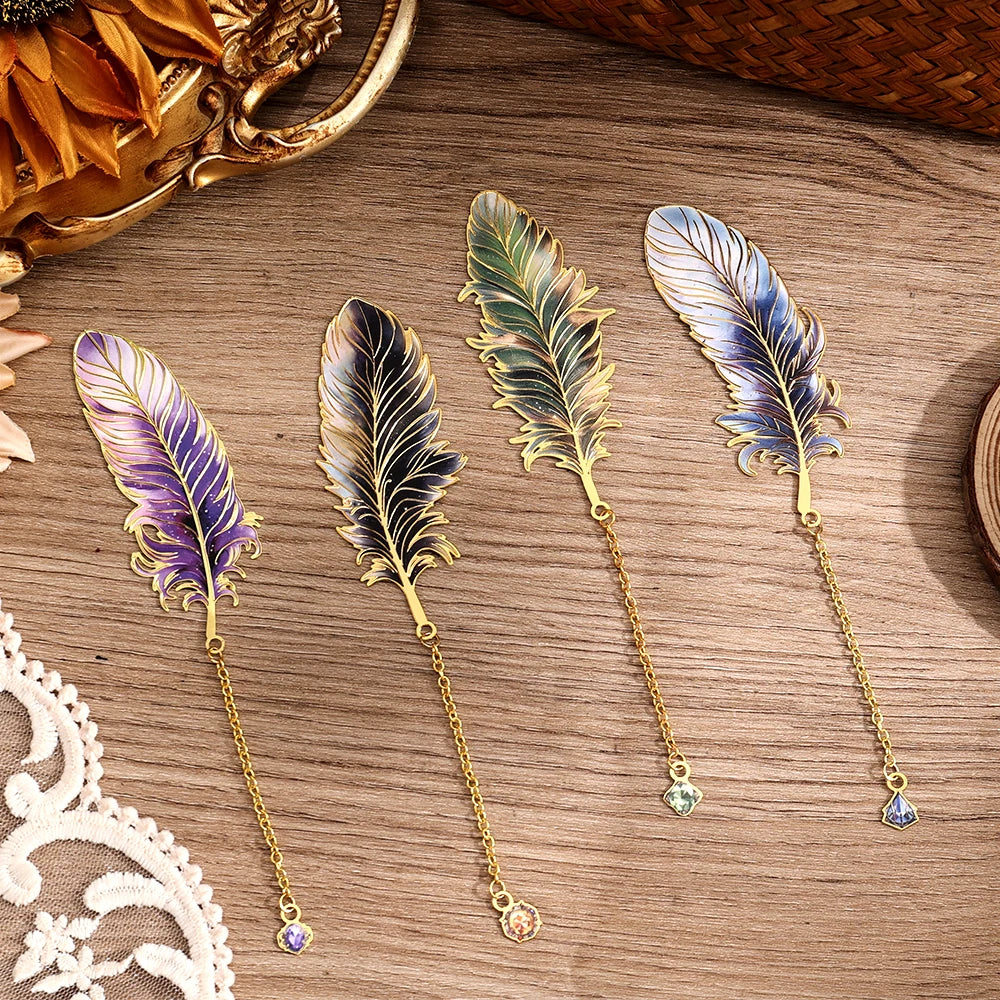 1 pc Metal Bookmarks with Chain Pendant Colorful Feather Design Unique Gifts for Book Lovers Writers Students Teachers Holiday