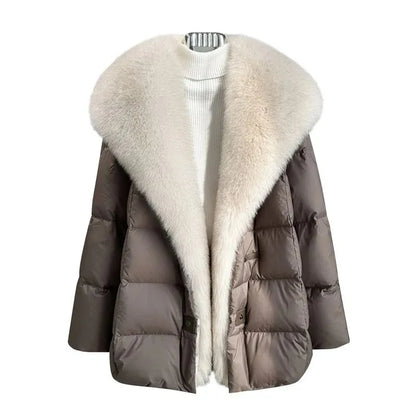 High end Faux Fox fur detachable Large Lapel fur Down Jacket For women 2025 Winter New Medium long Loose White goose Down Coats