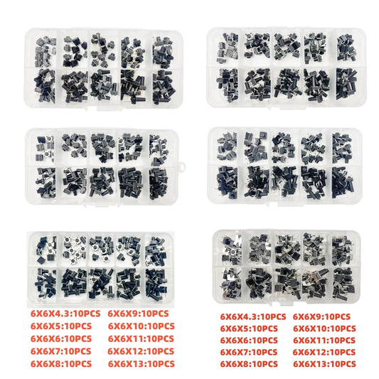 10 Models =100Pcs 6*6 Light Micro Touch Switch Set Push Button Switch Kit Height: 6*6*4.3MM~13MM  DIP SMD 2P/4P 6x6 Keys Tact