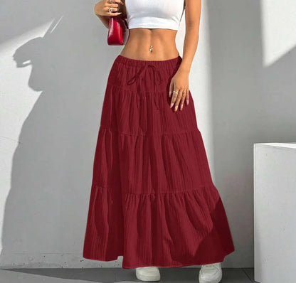 European and American Cross-Border New Style Wish Spring and Summer Women's Skirts, Tie-Strap Spliced Flared Skirts, Loose Long