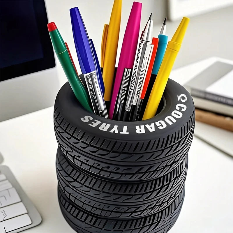 1pcs Fun Tire-Shaped Pen Holder -PVC Desk Organizer, Ideal for School and Office Supplies, Painted Finish, Office Supplies