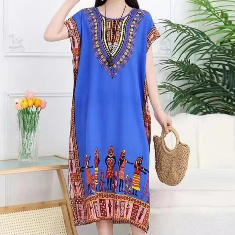 Casual Elegant Bohemian Printed Ethnic Style Retro Floral Woman Summer Street Wear Batwing Sleeve Loose Tunic Maternity Dress